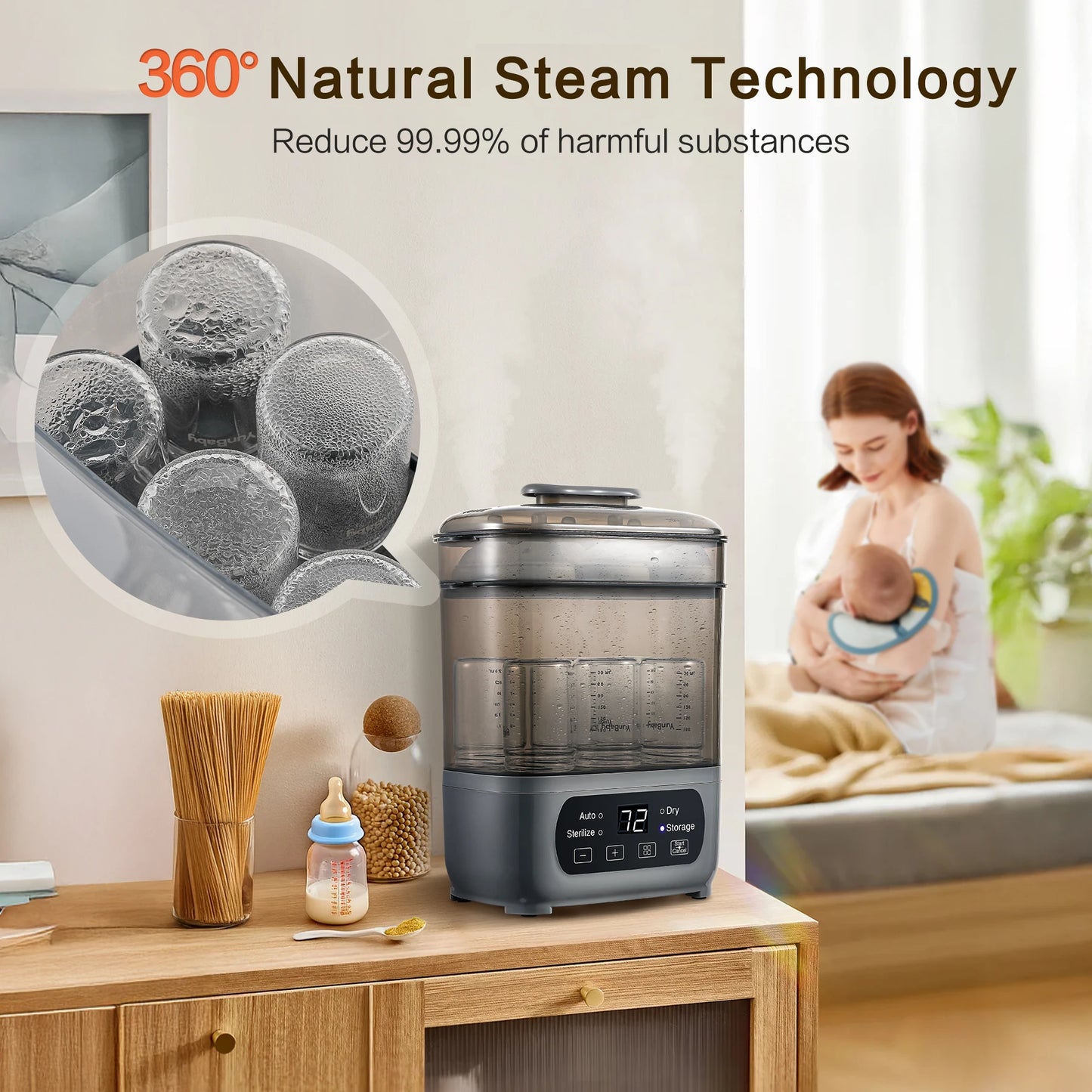 4-in-1 72H Storage, 30-Min Dry, 6 Bottles + Accessories,99.99% Germ-Free Baby Bottle Sterilizer & Dryer