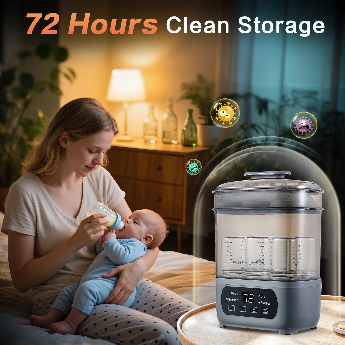 4-in-1 72H Storage, 30-Min Dry, 6 Bottles + Accessories,99.99% Germ-Free‌ Baby Bottle Sterilizer & Dryer